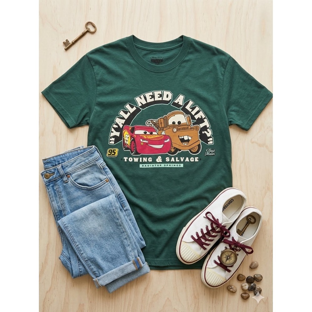 Disney Pixar Cars Lightning McQueen Mater Green Graphic Tee Shirt Small